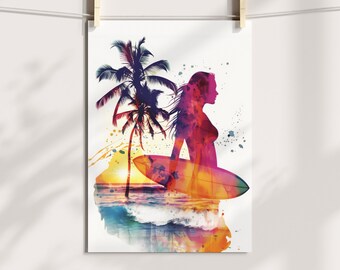 Watercolour Aquarel Sunset Surfer Poster Beach Vibes Summer Feeling Poster A4 (8.3" x 11.7") or A3 (11.7" x 16.5")