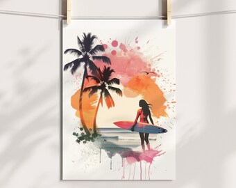 Watercolour Aquarel Sunset Surfer Poster Beach Vibes Summer Feeling Poster A4 (8.3" x 11.7") or A3 (11.7" x 16.5")