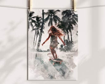 Watercolor Sunset Longboarding Girl Poster Watercolour Beach Vibes Summer Feeling Poster A4 (8.3" x 11.7") or A3 (11.7" x 16.5")