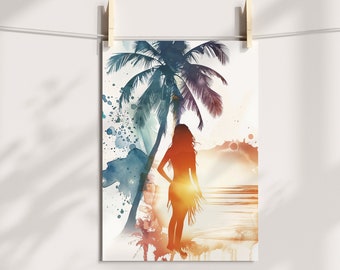 Poster Watercolor Sunset Girl - Beach Vibes Summer Feeling Poster A4 (8.3" x 11.7") or A3 (11.7" x 16.5")