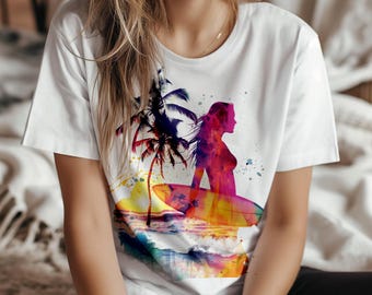 Surfer T-Shirt Jersey Watercolor Print Sunset Surfing Shirt Beach Vibes Unisex