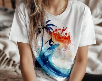 Big Wave Surf T-Shirt Jersey Watercolor Print Sunset Surfer Shirt Beach Vibes Unisex