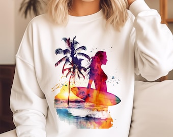 Sunset Surf Crewneck Sweatshirt Heavy Blend™ Watercolour Print white pink beige grey Beach Vibes Summer Love perfect gift