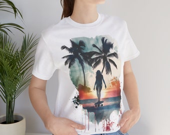 Beach Palms T-Shirt Jersey Watercolor Print Sunset Beach Shirt Unisex
