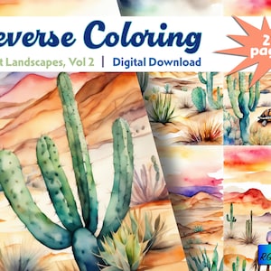 May include: Reverse Coloring Desert Landscapes, Vol 2, a digital download of 25 pages of desert scenes with cacti, mountains, and a tortoise. The pages are designed for reverse coloring.