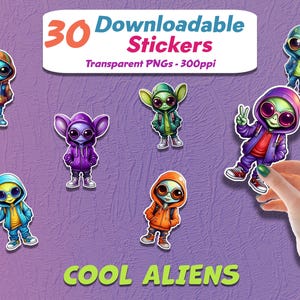 Puede incluir: 30 pegatinas descargables con extraterrestres geniales en varias poses y atuendos. Las pegatinas son PNG transparentes a 300ppi.