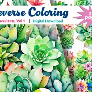 May include: Reverse coloring pages featuring 24 watercolor illustrations of succulents. The title "Succulents, Vol 1 | Digital Download" is at the top of the image.