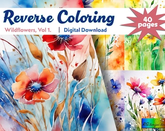 Omgekeerde kleurplaten wilde bloemen: abstracte aquarelkunst (digitale download)