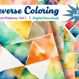May include: Reverse Coloring: Abstract Patterns, Vol 1, a digital download of 25 pages of watercolor patterns in shades of blue, green, yellow, orange, and red.