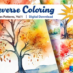 Può includere: Pagine da colorare al contrario con illustrazioni ad acquerello di alberi con foglie autunnali in tonalità di rosso, arancione, giallo e verde. Il titolo "Reverse Coloring" e "Trees Patterns, Vol 1 | Digital Download" è visualizzato nella parte superiore dell'immagine. L'immagine include anche il testo "20 pages".