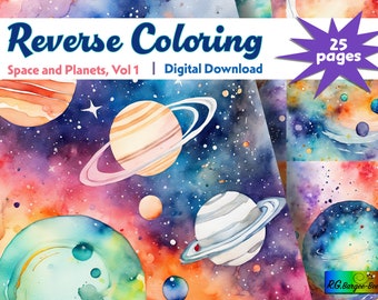 25 Reverse Coloring Pages - 'Space and Planets' Instant Download Bundle vol.1