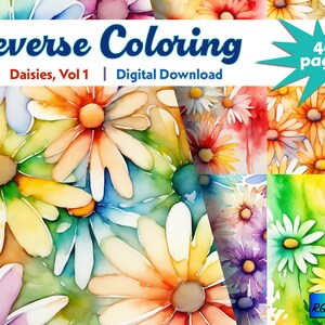 Pode incluir: Um download digital de 40 páginas de páginas para colorir invertidas com margaridas de aquarela em várias cores. O título do livro para colorir é "Reverse Coloring Daisies, Vol 1".