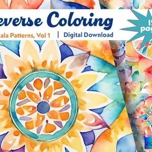 May include: Reverse Coloring Mandala Patterns, Vol 1 - Digital Download. A colorful digital download of 15 pages of mandala patterns for reverse coloring.