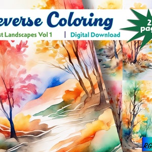 Può includere: Colorazione inversa: Paesaggi forestali Vol 1 - Download digitale. Un set di 25 pagine con illustrazioni ad acquerello di scene di foreste autunnali con ruscelli e alberi.