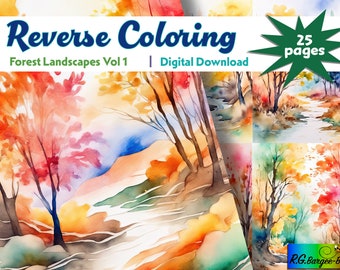 Omgekeerde kleurplaten boslandschappen: aquarelkunst (digitale download)