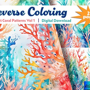 Può includere: Download digitale di modelli di coralli astratti "Reverse Coloring". L'immagine presenta illustrazioni ad acquerello di barriere coralline in colori vivaci come rosso, arancione, blu e verde. Il design include il testo "Abstract Coral Patterns Vol 1" e "25 pagine."