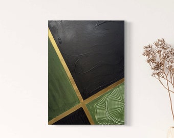 Handmade 3D Acrylic Abstract Painting, Black, Green & Gold on Canvas (40x30 cm)