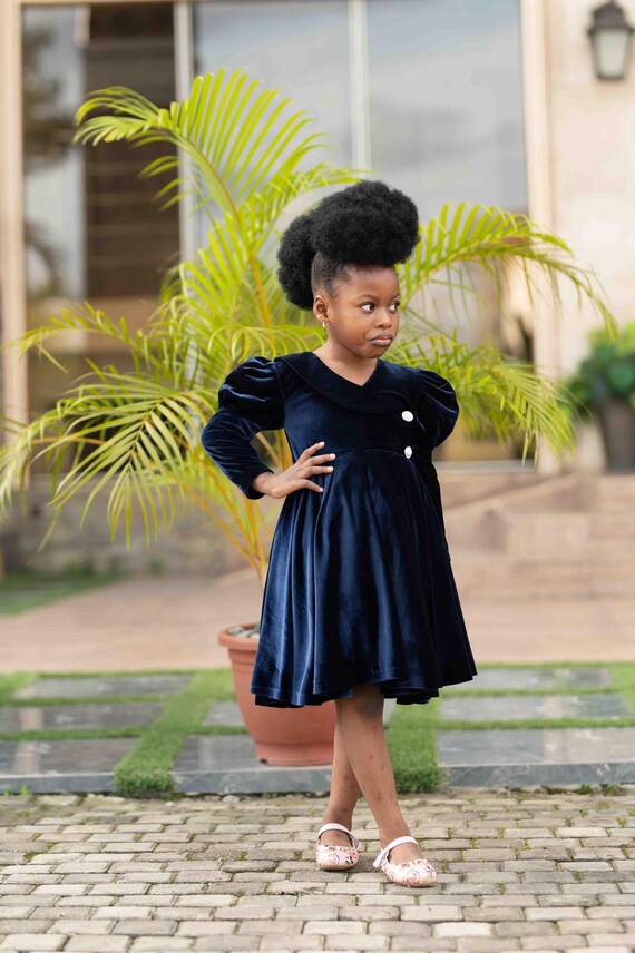 blue velvet puff sleeve dress Girls: The Mary Navy Blue Velvet Dress  Shop the Mint