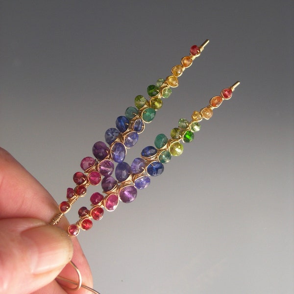 Multi Gemstone Earrings Dramatic Rainbow Gemstone Encrusted Long Linear 14k Gold Filled Earrings Artisan Handmade