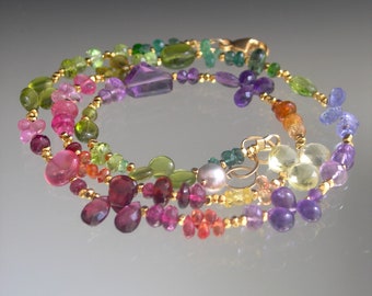 Colorful Gemstone Gold Vermeil Beaded Choker Necklace 18” Slender Amethyst Garnet Sapphire Apatite Tanzanite Artisan Handmade