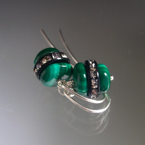 Malachite Sterling Earrings Black Rimmed Rhinestones Squat Green Dangles 1 1/4” Artisan Handmade