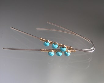 Long Slender Turquoise Sterling Earrings Mixed Metal 14k Gold Filled Gemstone Threaders Artisan Handmade 2 1/8”