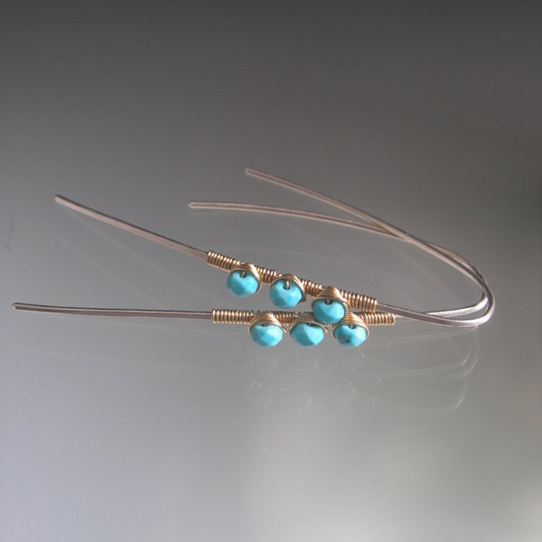 Long Slender Turquoise Sterling Earrings Mixed Metal 14k Gold Filled Gemstone Threaders Artisan Handmade 2 1/8”