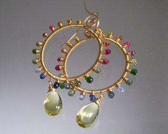 Rainbow Gemstone Sunburst Hoops Multi Sapphire 14k Gold Filled Hoop Earrings Lemon Quartz Dangles Handmade Wire Wrapped Artisan Designed