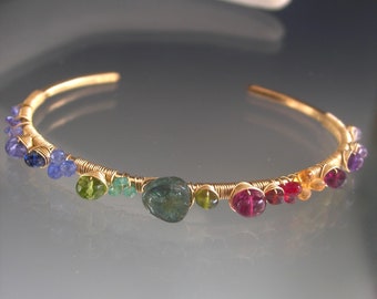 Bright Gemstone Thick Gold Cuff, 14k Gold Filled Wire Wrapped Bracelet w/ Green tourmaline, Spessartite, Tanzanite, Garnet, Emerald