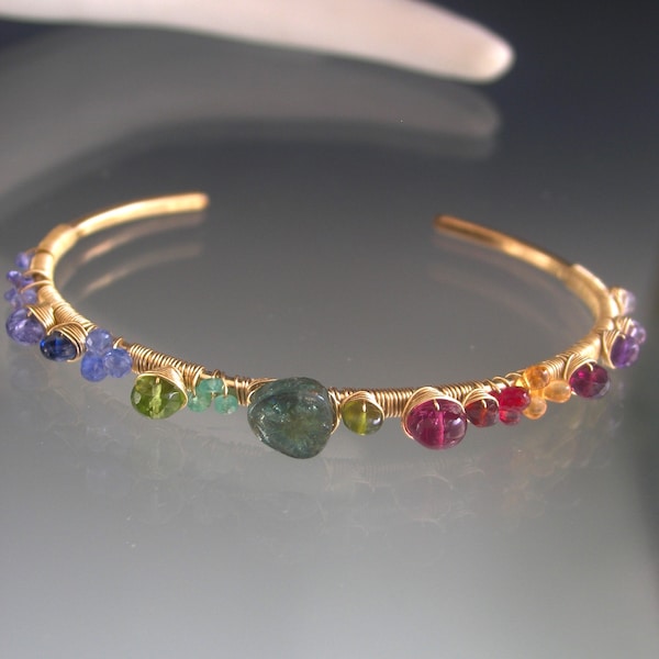 Bright Gemstone Thick Gold Cuff, 14k Gold Filled Wire Wrapped Bracelet w/ Green tourmaline, Spessartite, Tanzanite, Garnet, Emerald