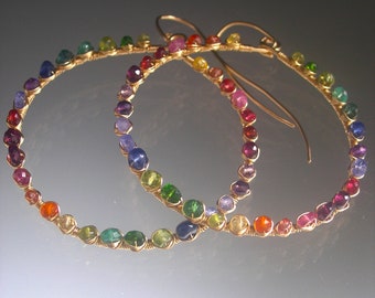 Multi Gemstone Hoops Bright Multi Gemstone Front Facing Hoop Earrings Sapphires Tanzanite Garnet Carnelian Artisan Handmade