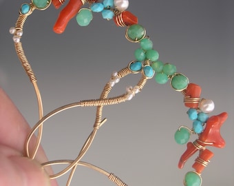 Beach Jewels Coral Chrysoprase Turquoise 14k Gold Filled Earrings Green Orange Blue Hoops 2 1/2” Artist Hand Forged