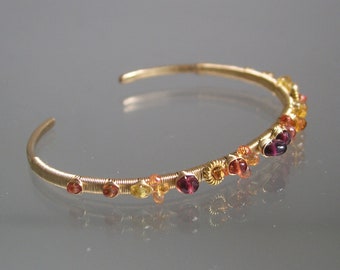 Sapphire Gold Filled Cuff, Yellow Orange Red Gemstone Wire Wrapped Hand Wrought Bracelet, Stackable Garnet Spinel Cuff, Artisan Designed