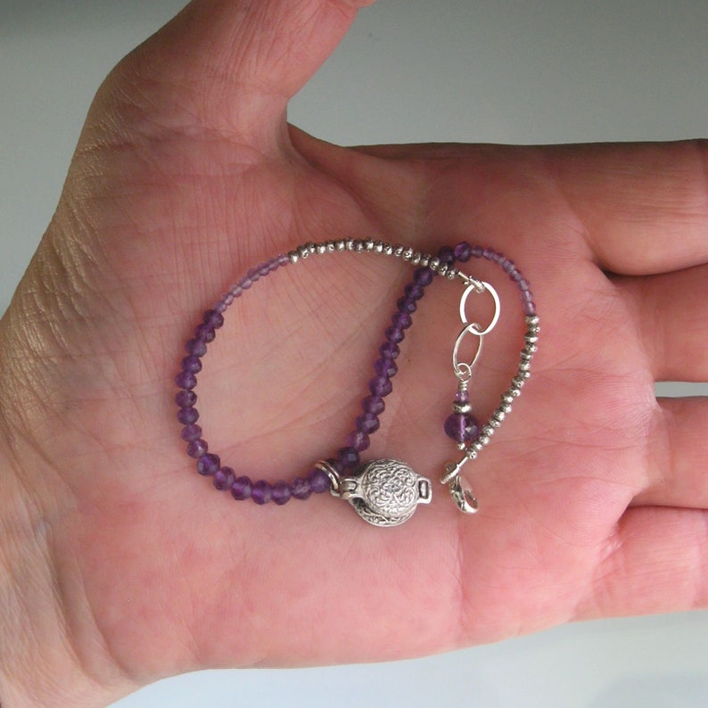 Amethyst Silver Bracelet Vintage Sterling Opening Waffle Iron Charm Skinny Purple Beaded Bracelet Baker/'s Jewelry Artisan Designed