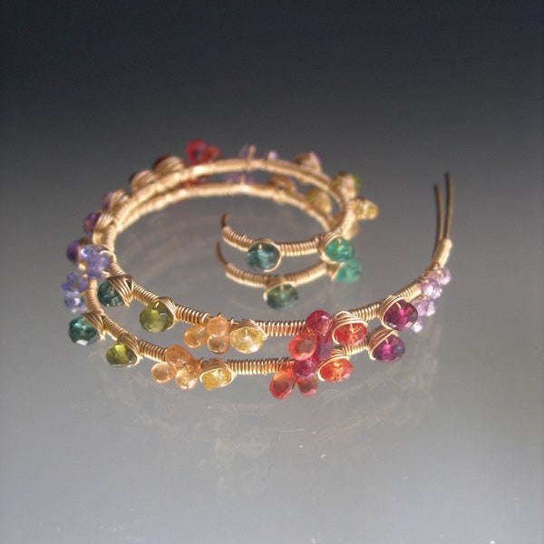 Spring Garden Gemstone 14k Gold Filled Spiral Earrings Hand forged & Hammered Sapphires Tanzanite Garnet Artisan Designed
