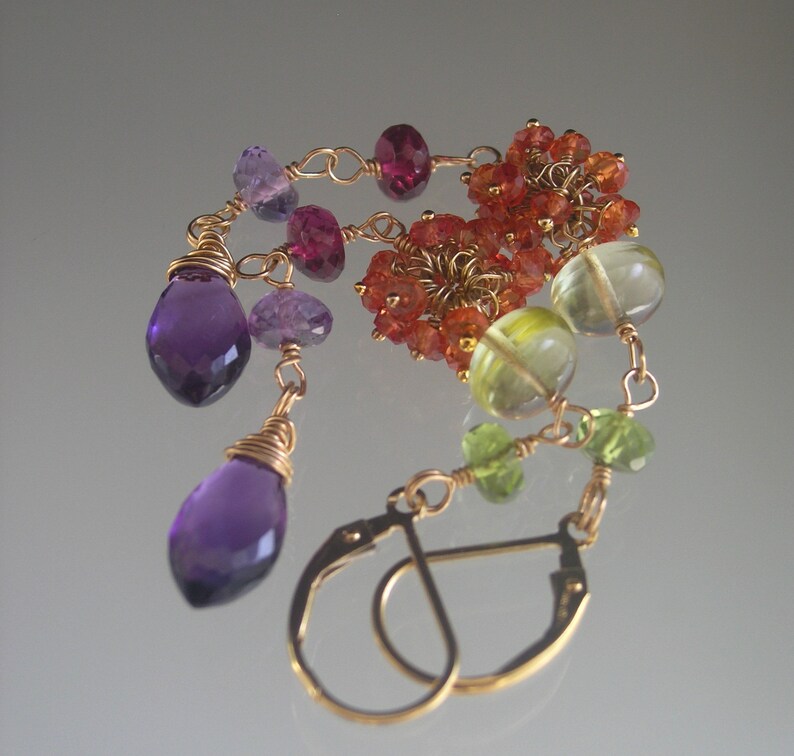 Long Multi Gemstone 14k Gold Filled Linked Earrings Orange Sapphire Clusters Magenta Garnet Amethyst Lemon Quartz Lever Backs 3 1/2 image 4