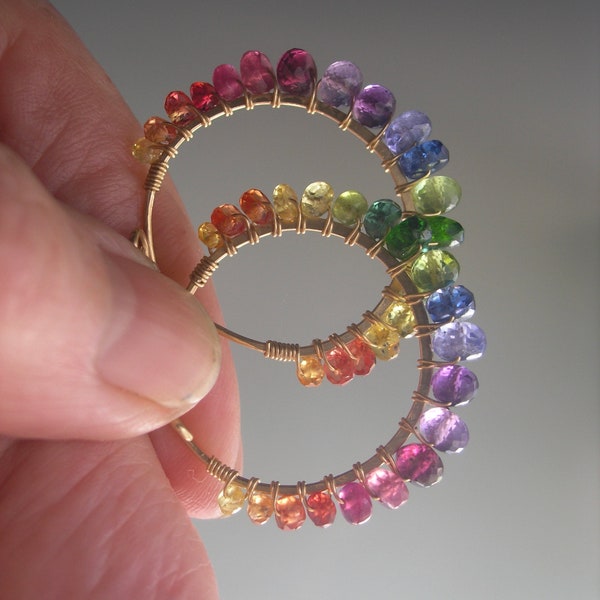 Rainbow Multi Gemstone Hoops Small 14k Gold Filled Hoop Earrings 1” Artisan Handmade