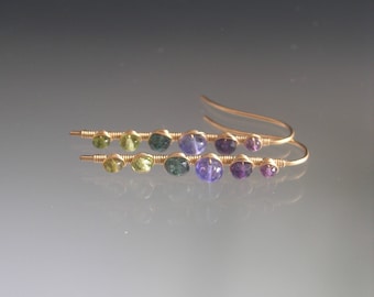 Amethyst Tanzanite Peridot Linear Wire Wrapped Earrings 1 5/8” Long Artisan Handmade Threaders