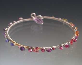 Multi Gemstone Silver Bangle, Hand Forged Wire Wrapped Twilight Gem Sterling Bracelet