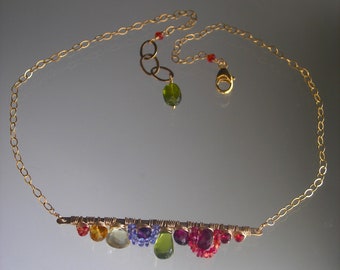 Rainbow Gemstone 14k Gold Filled Bar Necklace Sapphires, Spinel, Tanzanite, Garnet, Vesuvianite, Lemon Quartz, Choker Artisan Handmade