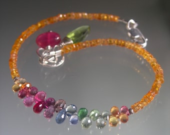 Skinny Rainbow Sapphire Bracelet Tangerine & Colorful Gemstone Beaded Bracelet Sterling Clasp Artisan Handmade