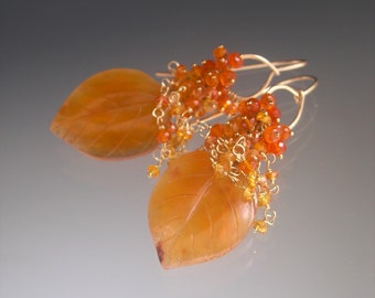 Carnelian Leaf Earrings Orange Sapphire Cluster Dangles 14k Gold Filled Artisan Handmade