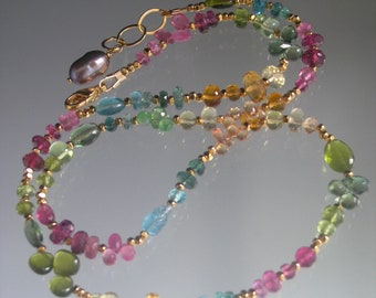 Colorful Pastel Gemstone Vermeil Necklace Tourmaline Citrine Apatite Garnet Sapphires Vesuvianite 18” Long Artisan Handmade