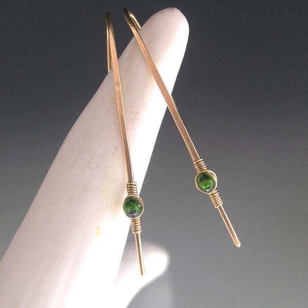 Small Minimalist 14k Good Filled Stick Earrings w/ Vibrant Green Chrome Diopside Weightless Everyday Jewelry