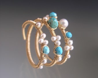 Turquoise Pearl 14k Gold Filled Triple Wraparound Ring 7 1/2” Artisan Designed