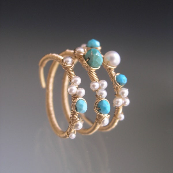 Turquoise Pearl 14k Gold Filled Triple Wraparound Ring 7 1/2” Artisan Designed