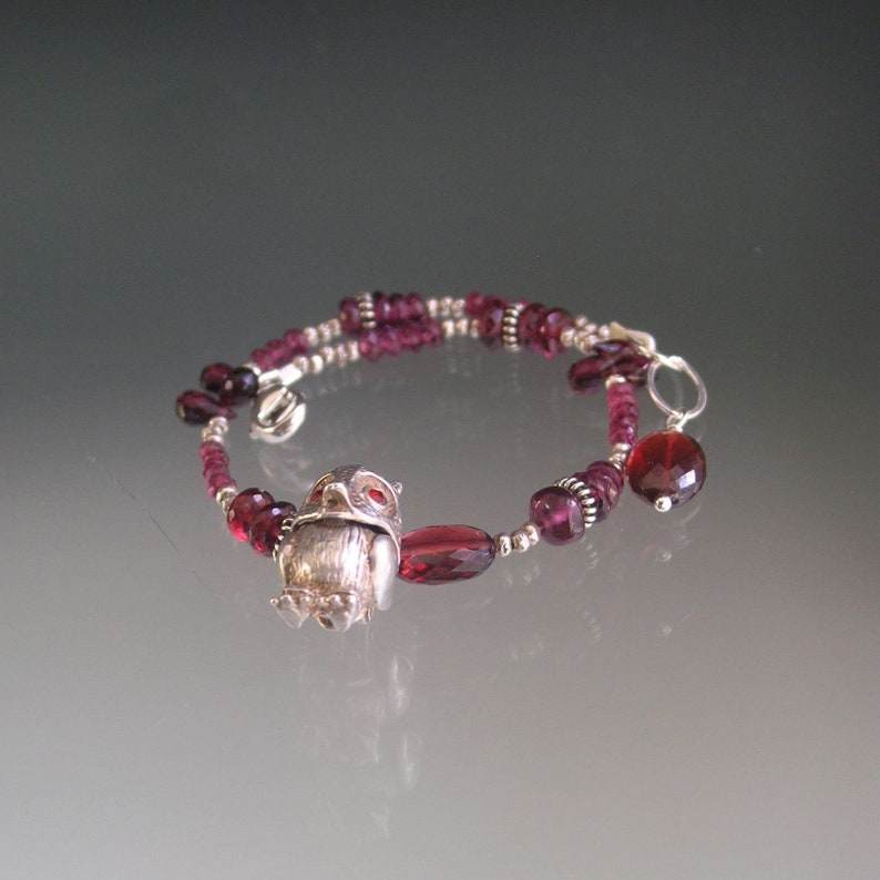 Artisan Designed Garnet Bracelet Vintage Owl Movable Charm Sterling Silver Pink Tourmaline Beaded Bracelet Bird Lover or Night Owl Gift