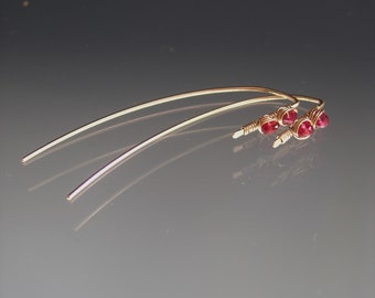 Tiny Red Sapphire Earrings 14k Gold Filled Gemstone Threaders 1/2” Artisan Handmade