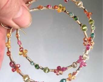 Pastel Hoops Colorful Gemstone Studded 14k Gold Filled Front Facing Hoops Artisan Handmade Bellajewels