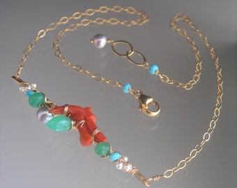 Delicate Chrysoprase Vintage Coral 14k Gold Filled Bar Necklace Turquoise Pearls Choker Artisan Handmade